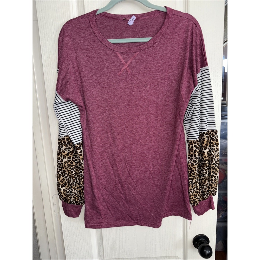 BHome Round Neck Top Stretch Burgundy Animal PrintSleeve SizedM-L Oversized 4913